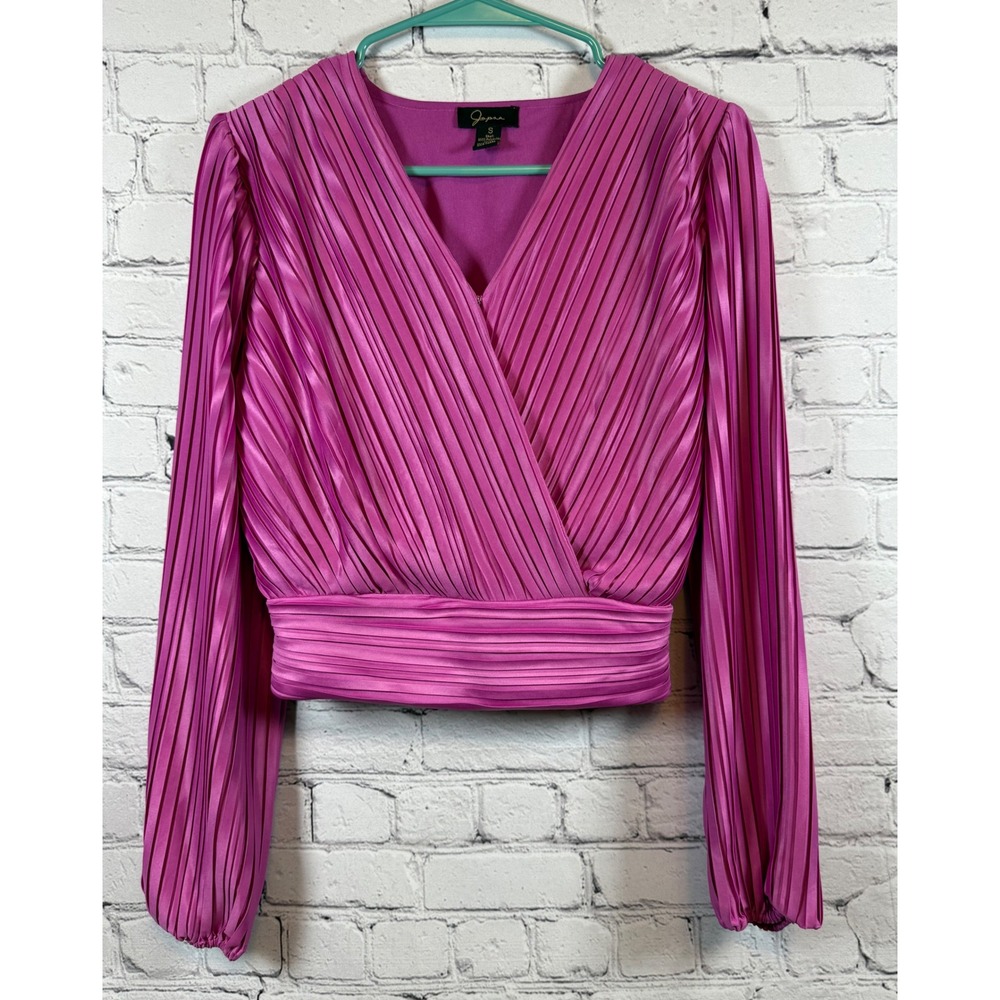 Japna Pleated Blouse Long Sleeve Wrap Front Top Pink Party Blouse‎ Size S